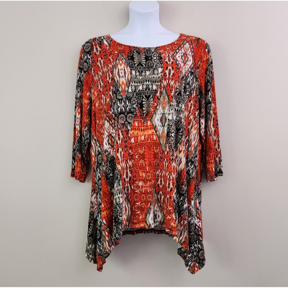 RUBY RD. Size 2X Sharkbite Hem 3/4 Length Sleeve Multi-Print Patchwork Tunic Top